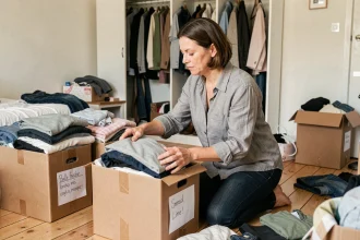 Femme qui trie ses vêtements dans des cartons étiquetés avant un déménagement