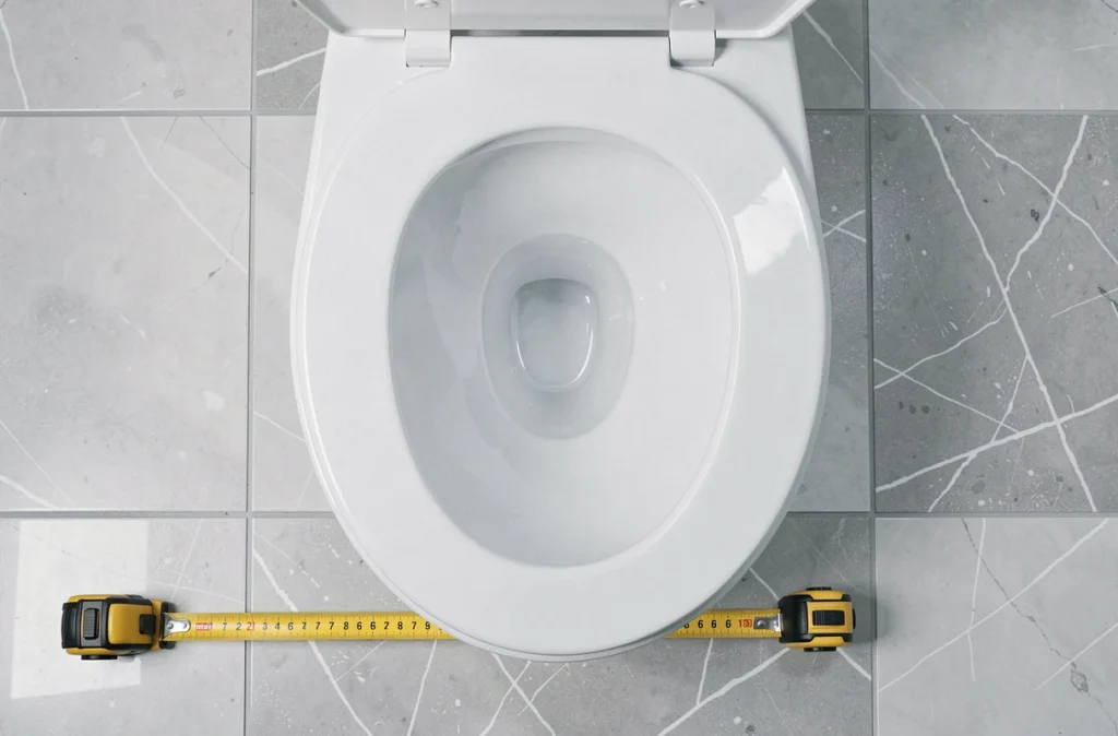 Vue aérienne d'un WC suspendu avec mètre ruban déroulé indiquant les distances minimales recommandées devant et sur les côtés