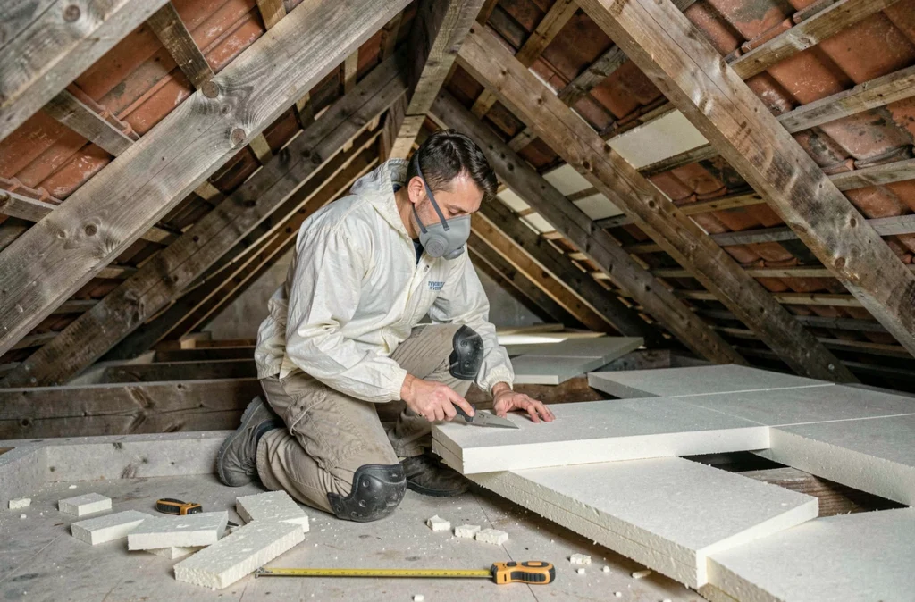 Technicien en isolation posant des panneaux isolants entre les rampants de toiture dans un grenier
