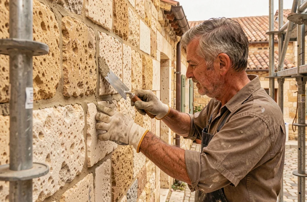 Maçon des Artisans De Cannes restaurant la façade en pierre d'un bâtiment ancien à Cannes avec du mortier de chaux traditionnel