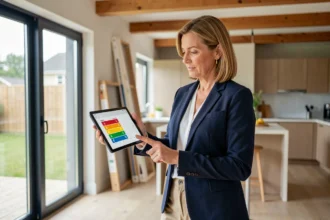 Auditrice énergétique tenant une tablette affichant un bilan DPE dans un salon moderne bien isolé