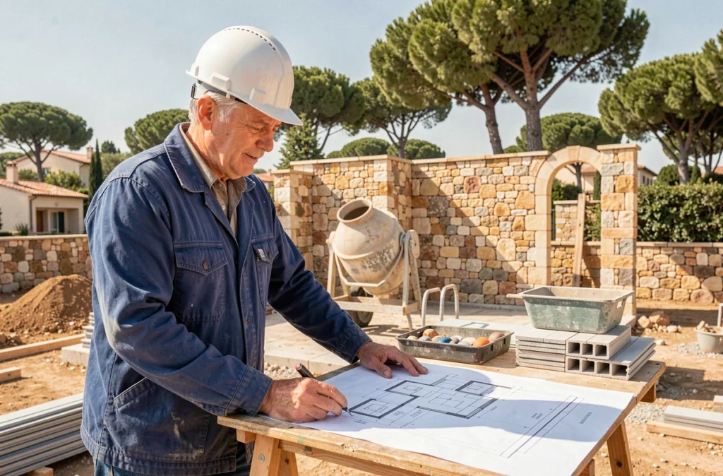 Chef de chantier d'Azur Construction Rénovation examinant des plans architecturaux sur un chantier de construction et rénovation près de Nice