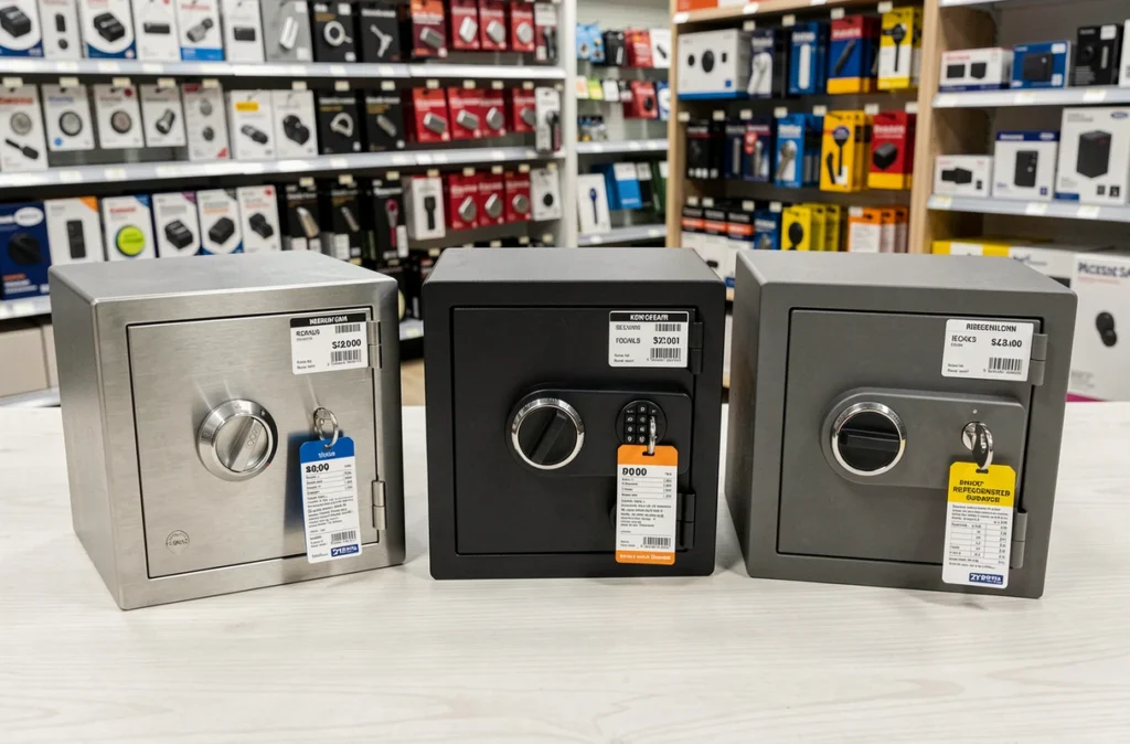 Comparatif de trois modèles de coffres à clé sécurisés posés côte à côte dans un magasin de bricolage avec étiquettes de prix