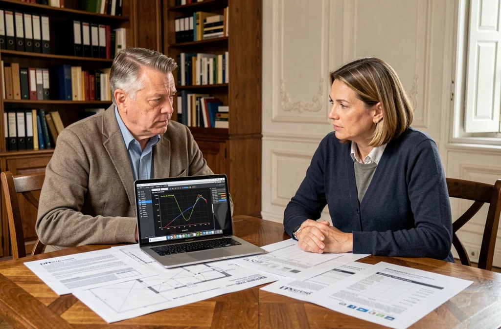 Couple de propriétaires comparant un bilan énergétique en ligne et un DPE classique autour d'une table avec plans et documents
