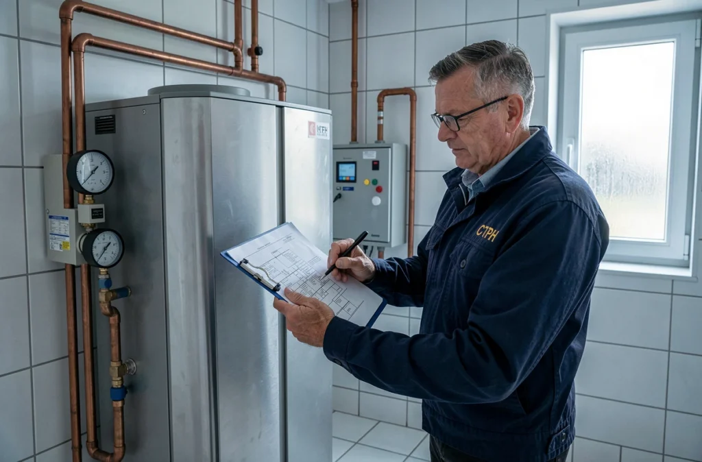 Ingénieur thermique CTPH examinant les schémas de tuyauterie d'une pompe à chaleur géothermique dans une chaufferie résidentielle