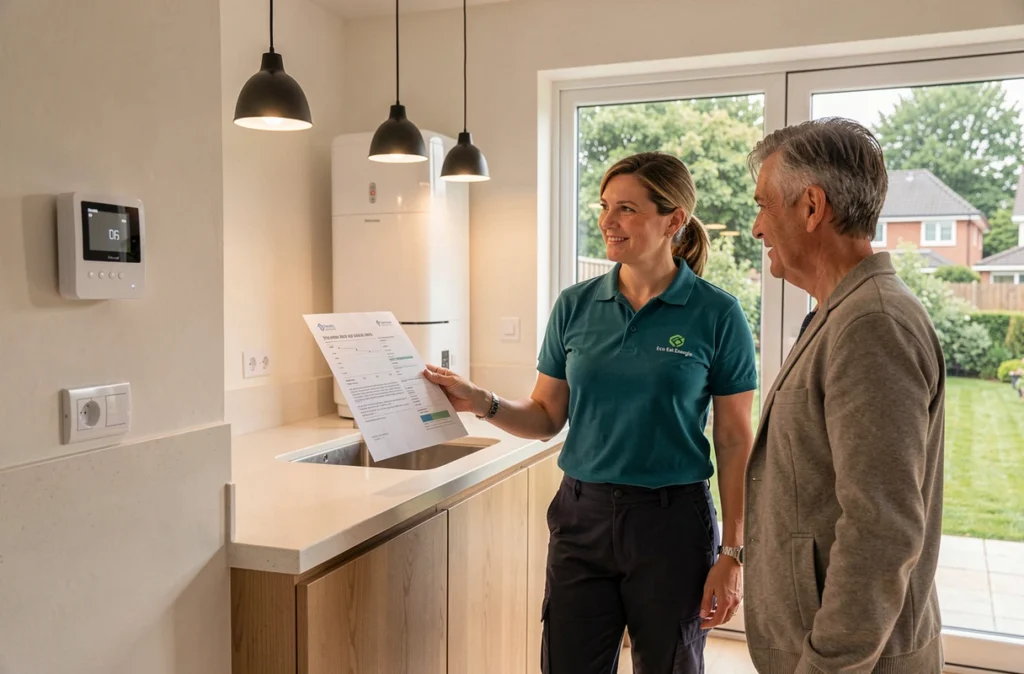 Conseillère Eco Est Energie présentant un bilan énergétique à des propriétaires dans une cuisine moderne avec panneau de thermostat pompe à chaleur