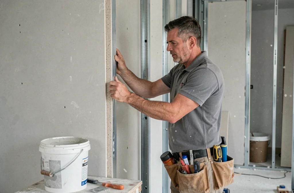 Artisan spécialiste du second œuvre posant des cloisons en placo dans un chantier résidentiel à Nice pour EGBN Rénovation