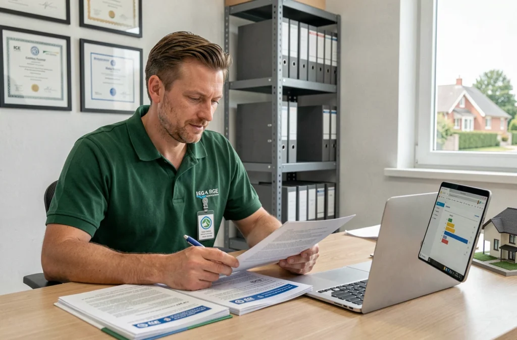 Professionnel certifié RGE examinant des documents de qualification dans son bureau en Meurthe-et-Moselle