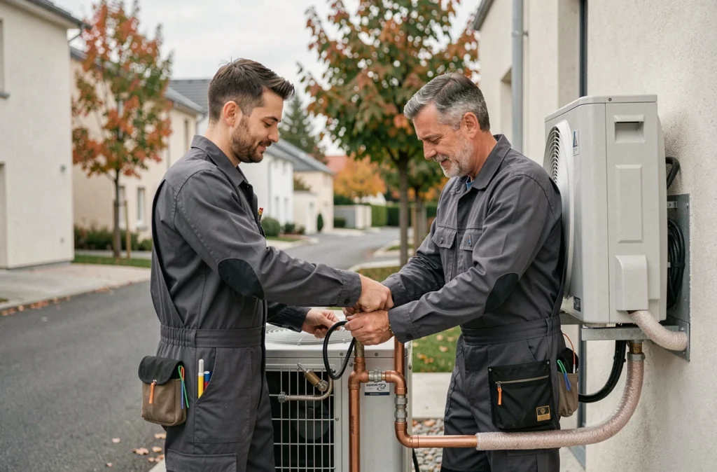 Deux techniciens E.N.G.S en train de raccorder une pompe à chaleur sur une maison moderne en banlieue
