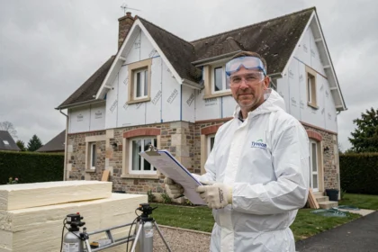 Artisan spécialiste en isolation thermique devant une maison en cours de rénovation en Meurthe-et-Moselle