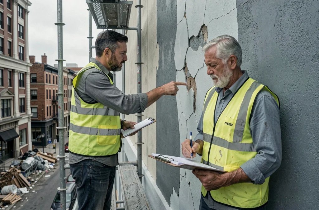 Deux professionnels du bâtiment examinant des malfaçons sur une façade extérieure peinte lors d'un chantier de rénovation