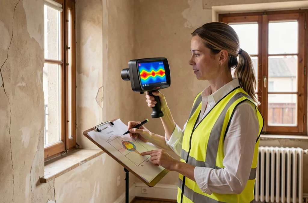 Conseillère en énergie réalisant un diagnostic thermique avec une caméra infrarouge dans une maison