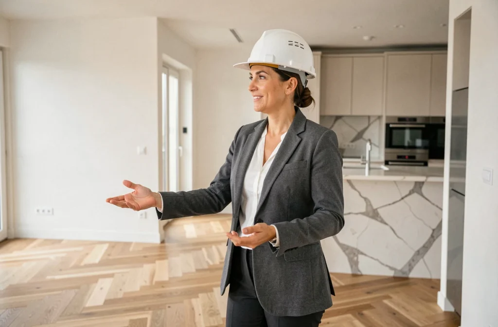 Chef de projet rénovation complète d'un appartement à Nice pour l'entreprise hemea, avec parquet en chêne et cuisine moderne