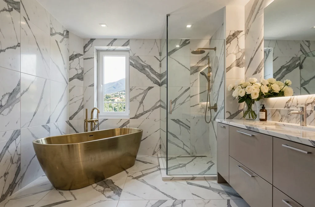 Salle de bain haut de gamme rénovée avec marbre Calacatta et baignoire en laiton brossé par HRC dans une villa de la Côte d'Azur