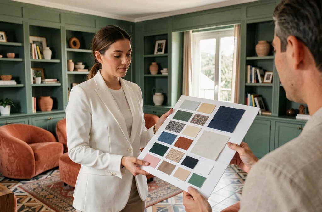 Designer d'Id Deco Concepts présentant des solutions de décoration et rénovation intérieure à une cliente dans un appartement rénové à Cannes