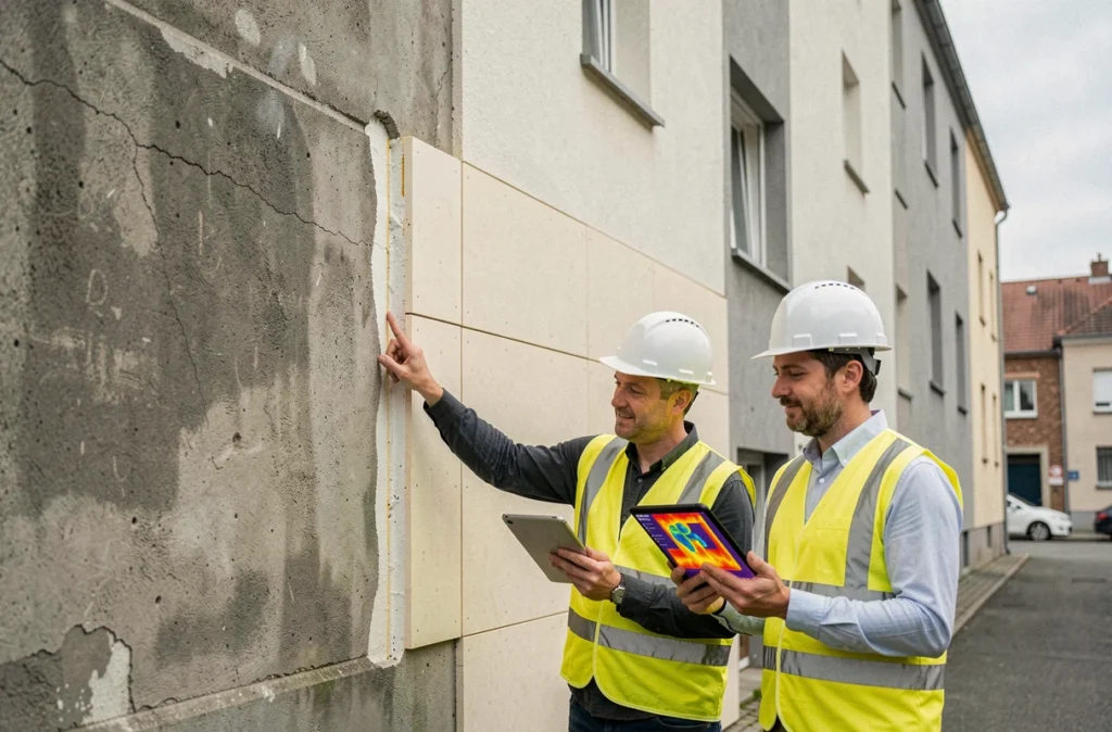 Deux professionnels évaluant une rénovation énergétique globale sur un immeuble du Grand Nancy