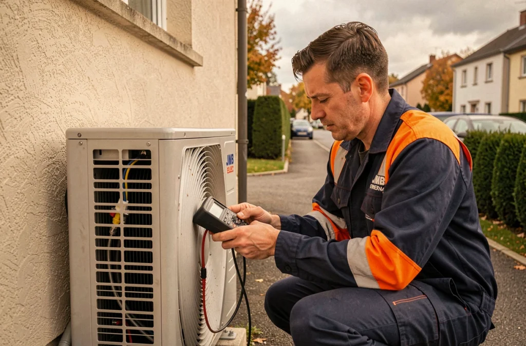 Technicien JMB ELEC testant le raccordement électrique d'une pompe à chaleur extérieure avec un multimètre professionnel