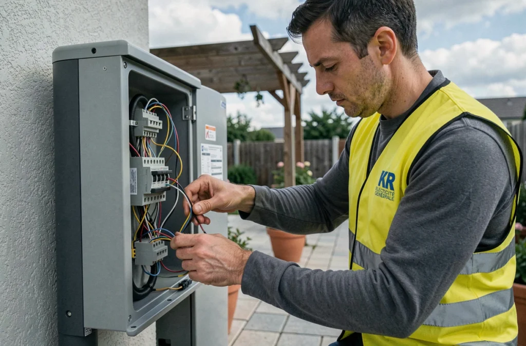Électricien KR Electricité Générale câblant le boîtier de raccordement électrique d'une pompe à chaleur sur une terrasse pavillonnaire