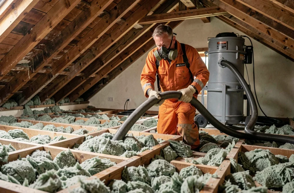 Technicien procédant à l'isolation par soufflage en ouate de cellulose dans un grenier