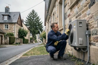 Technicien professionnel inspectant une pompe à chaleur installée sur une maison en Meurthe-et-Moselle