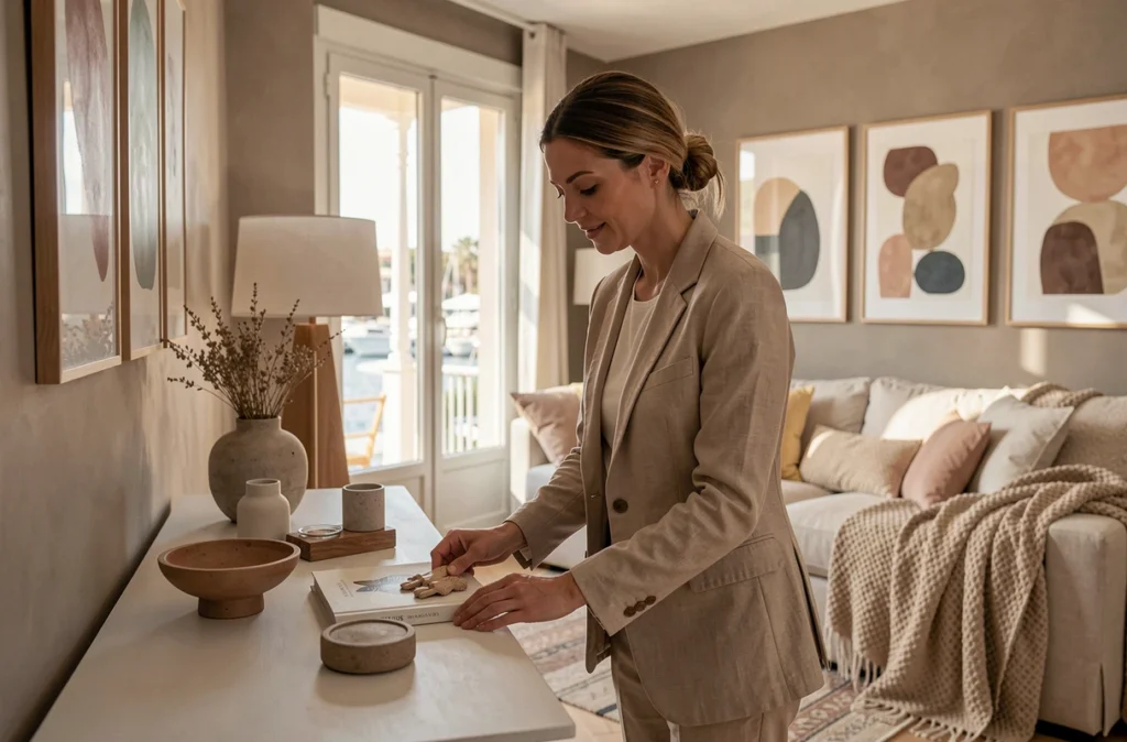 Designer d'intérieur de Mgh D&Co réalisant un home staging dans un appartement rénové à Cannes avec vue sur la mer