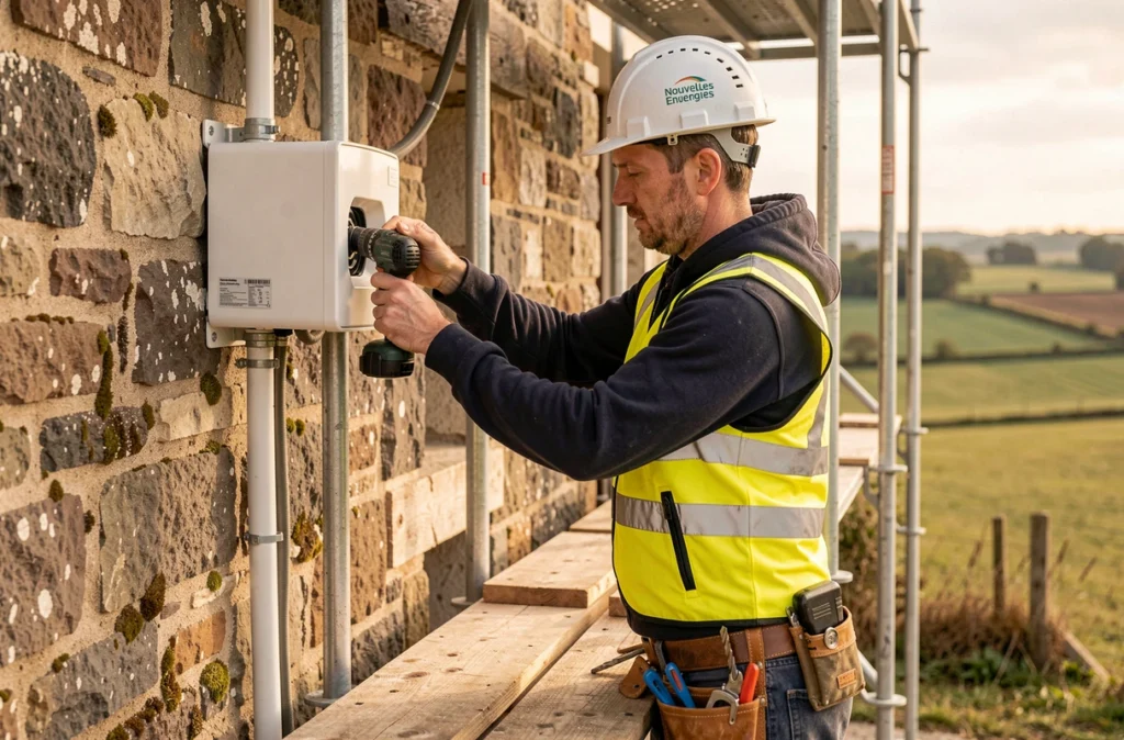 Installateur Nouvelles Energies posant un support de pompe à chaleur sur une ferme rénovée en Lorraine