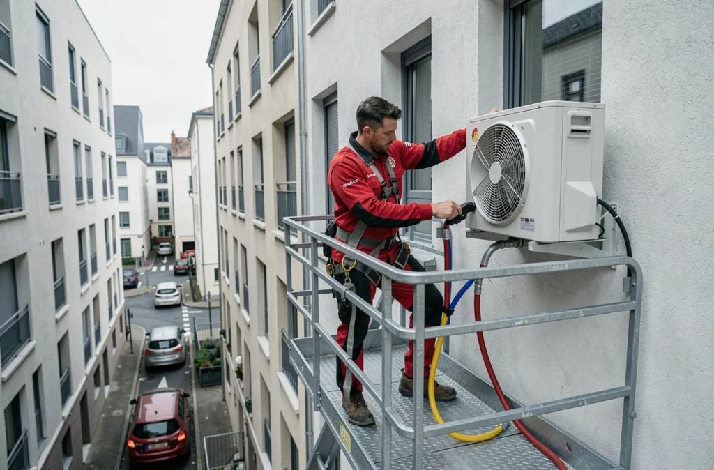 Technicien PACMAN 54 raccordant une pompe à chaleur sur un immeuble d'appartements à Nancy depuis une nacelle