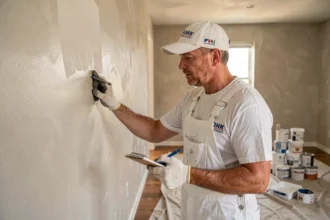 Peintre professionnel inspectant la qualité d'une paroi fraîchement peinte lors d'une rénovation intérieure pour éviter les malfaçons