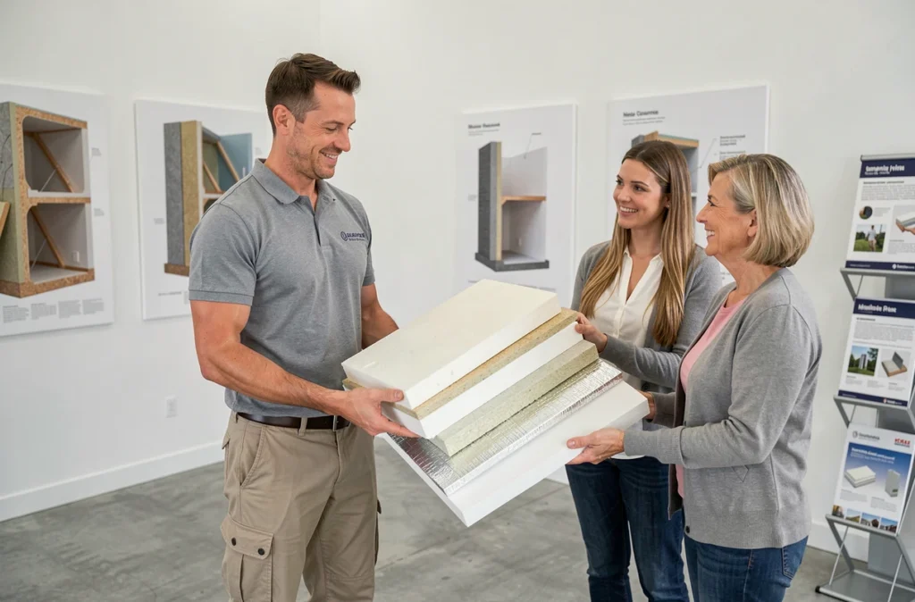 Conseiller présentant des solutions d'isolation professionnelle pour le bâtiment à des clients