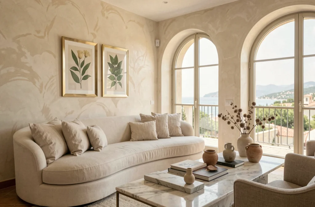 Salon rénové et décoré avec goût dans une villa méditerranéenne par Riviera Décor, avec enduit vénitien et mobilier élégant