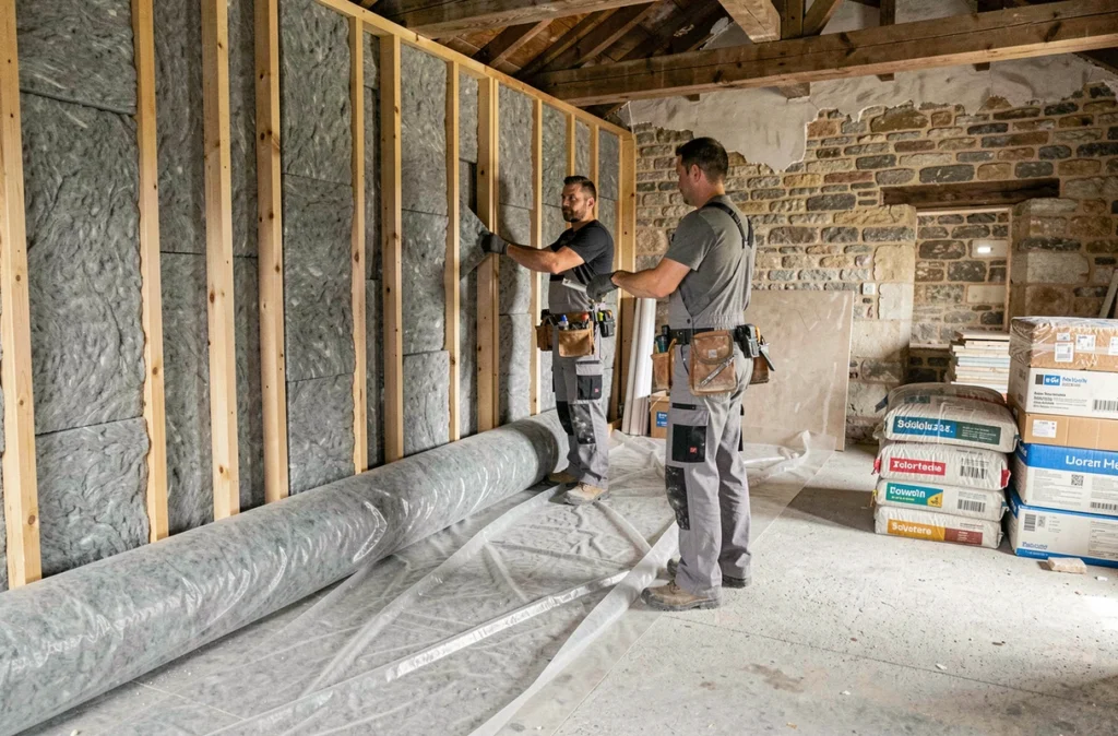Équipe de rénovation installant une isolation en laine de verre dans une maison ancienne à Toul