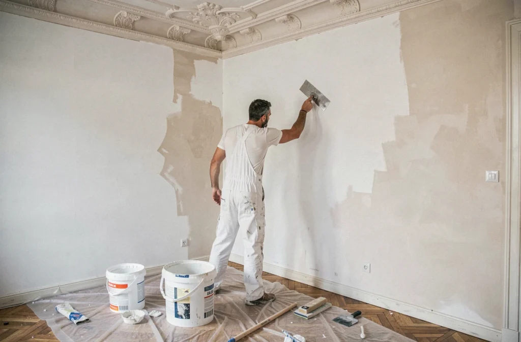 Artisan de Sarl Tc Cannes Mtc appliquant un enduit de finition sur les murs d'un appartement en cours de rénovation générale à Cannes