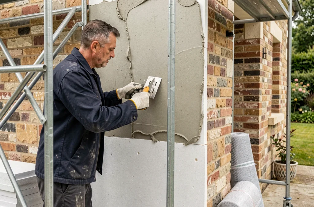 Ouvrier posant des panneaux d'isolation thermique par l'extérieur sur une maison individuelle