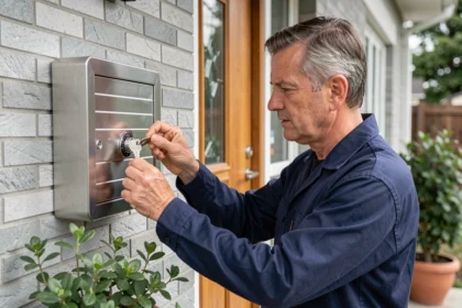Serrurier professionnel inspectant un coffre à clé mural installé sur une façade en brique grise d'une maison individuelle