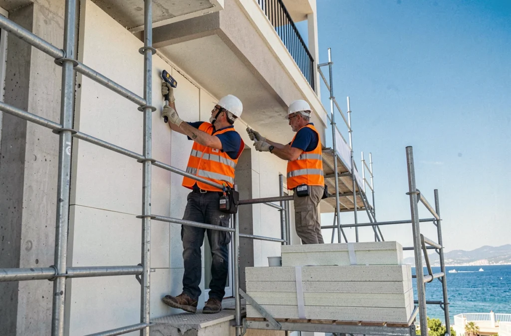 Ouvriers de SOCOREBAT Habitat installant une isolation thermique par l'extérieur sur un immeuble résidentiel dans les Alpes-Maritimes