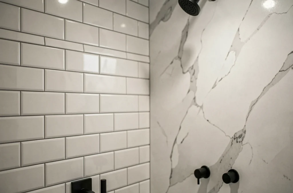 Comparaison en gros plan entre carrelage métro brillant avec joints et dalle murale PVC effet marbre sans joint dans une douche rénovée